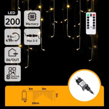 Aigostar - LED utomhusljusslinga för jul 200 LED/6W/230V/8 funktioner 3x1m IP44 varmvit + fjärrkontroll