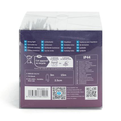 Aigostar - LED utomhusljusslinga för jul, 600 LED / 8 funktioner, 18 m, IP44, kallvit