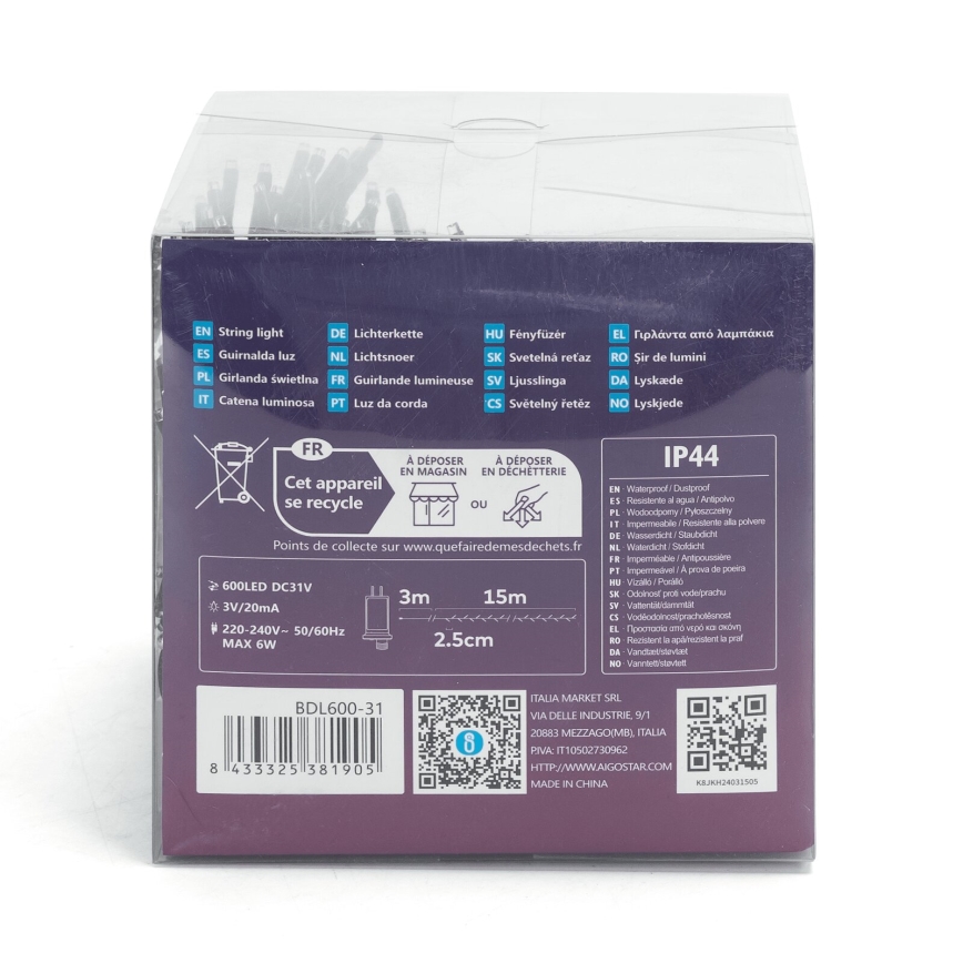 Aigostar - LED utomhusljusslinga för jul, 600 LED / 8 funktioner, 18 m, IP44, kallvit