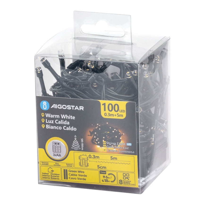 Aigostar - LED utomhus julslinga 100 LED/8 funktioner 3x AA 5,3 m IP44 varmvit