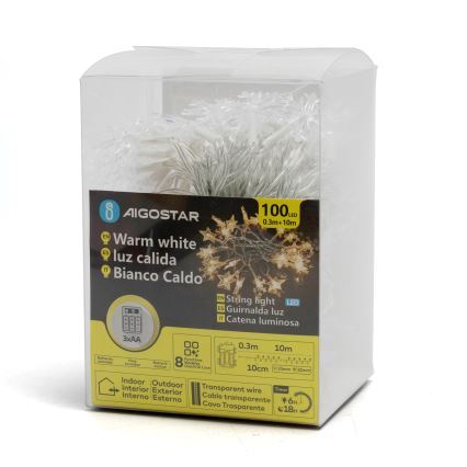 Aigostar - LED utomhus julslinga 25xLED/8 funktioner 3xAA 2,5m IP44 varmvit stjärnformade