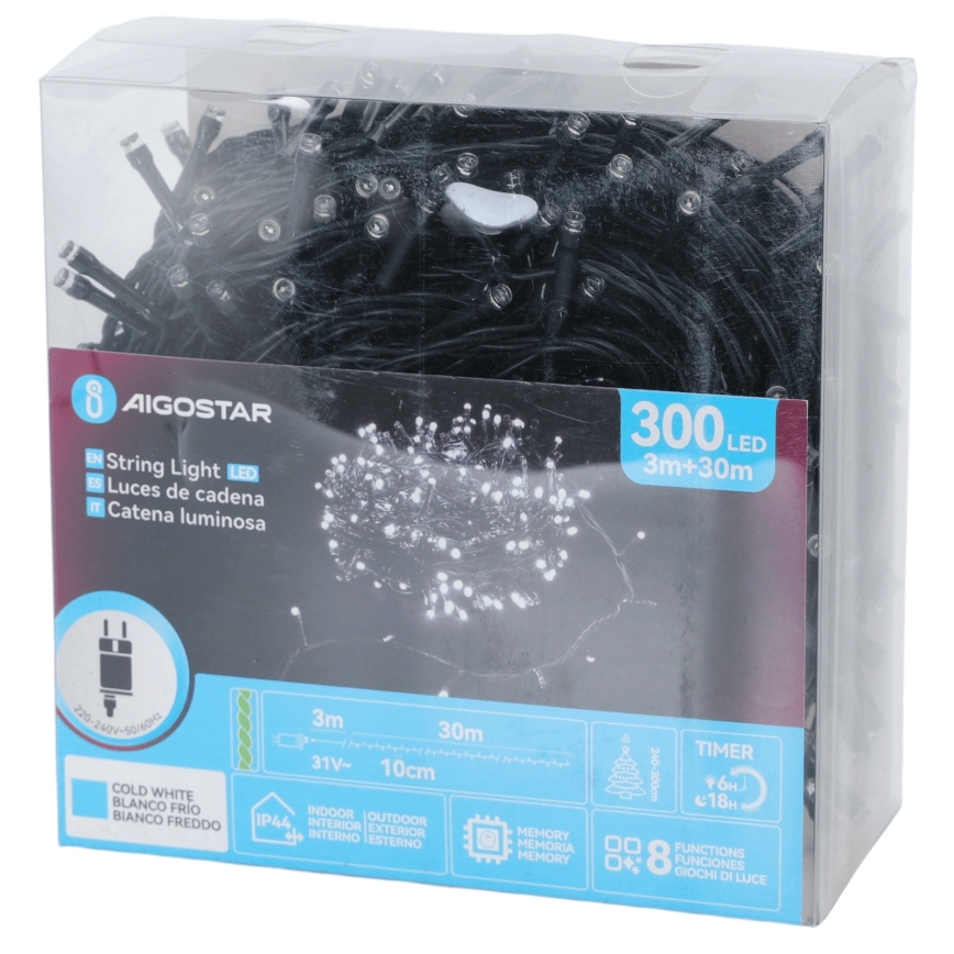 Aigostar - LED utomhusslinga för jul 300 LED/8 funktioner 30 m IP44 kallvit