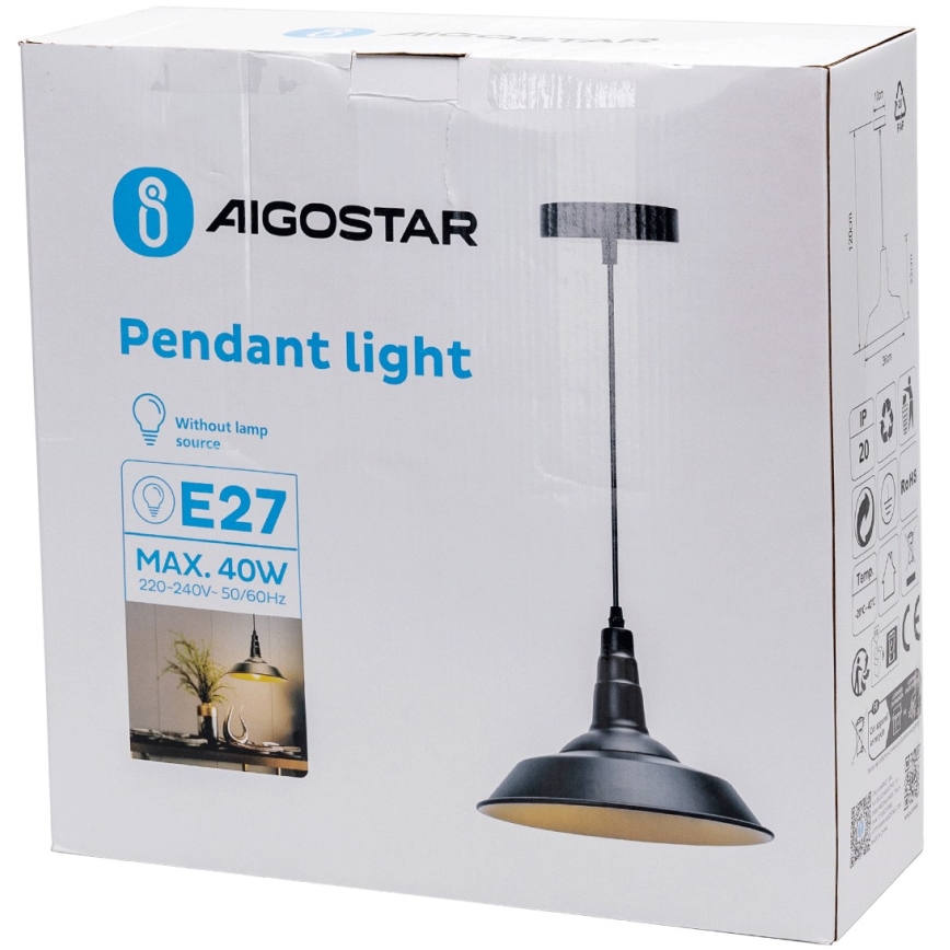 Aigostar - Ljuskrona med textilsladd 1xE27/60W/230V svart
