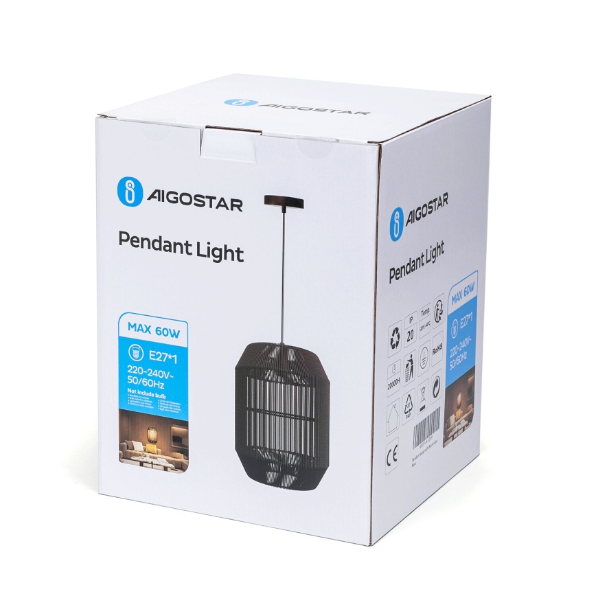 Aigostar - Ljuskrona med textilsladd 1xE27/60W/230V svart