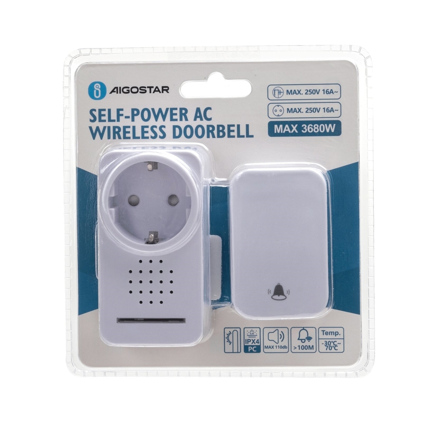 Aigostar - Plugin trådlös dörrklocka 1Z 230V IPX4 vit