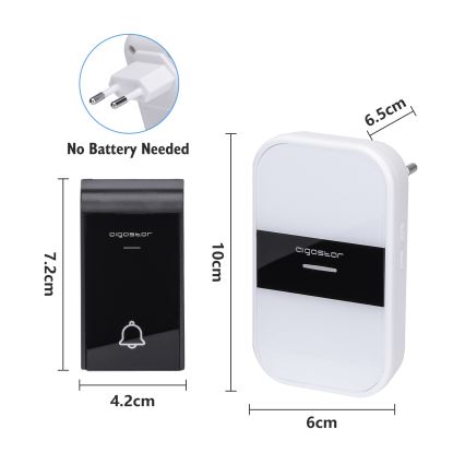 Aigostar - Plugin trådlös dörrklocka 230V/12V IP44 vit/svart