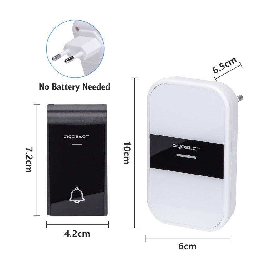 Aigostar - Plugin trådlös dörrklocka 230V/12V IP44 vit/svart