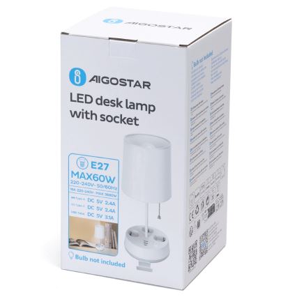 Aigostar - Skrivbordslampa med uttag och USB-portar 1xE27/60W/230V vit
