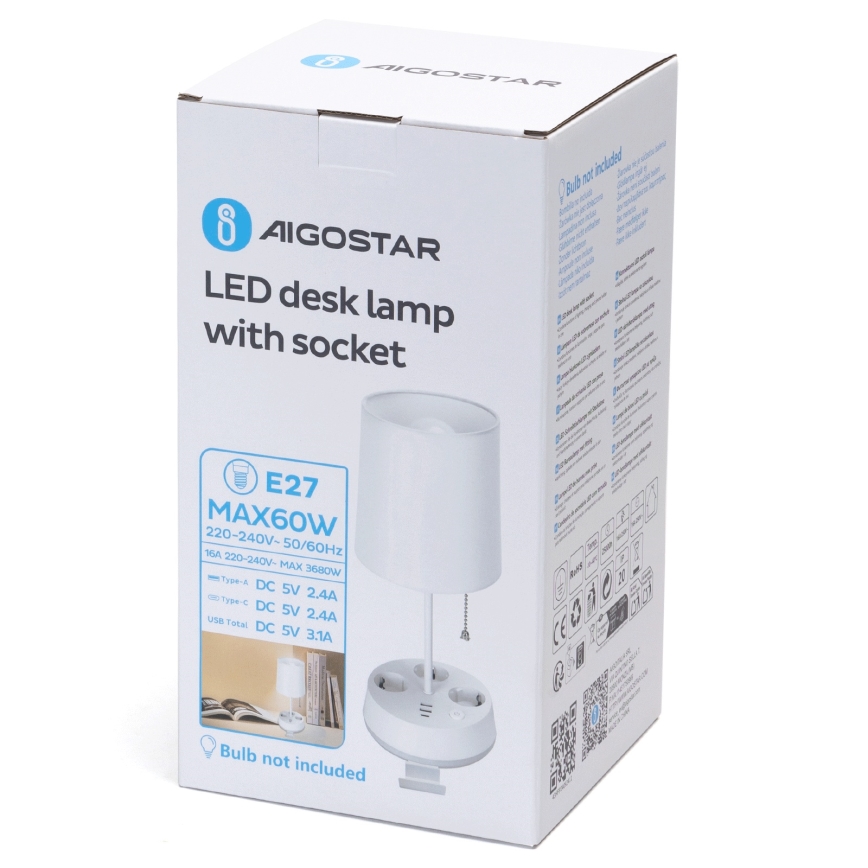 Aigostar - Skrivbordslampa med uttag och USB-portar 1xE27/60W/230V vit