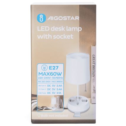 Aigostar - Skrivbordslampa med uttag och USB-portar 1xE27/60W/230V vit