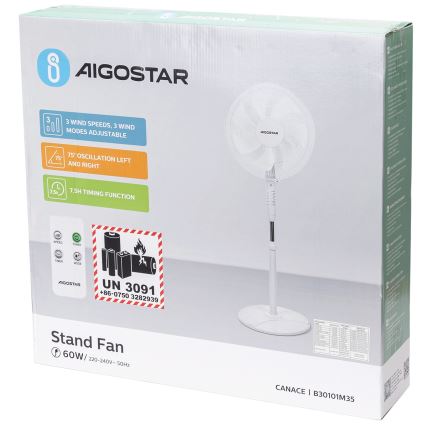 Aigostar - Stående fläkt 60W/230V vit + fjärrkontroll