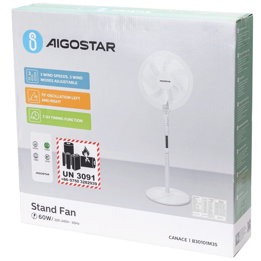 Aigostar - Stående fläkt 60W/230V vit + fjärrkontroll