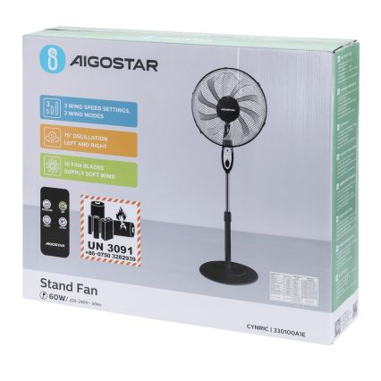 Aigostar - Stativfläkt 60W/230V svart + fjärrkontroll