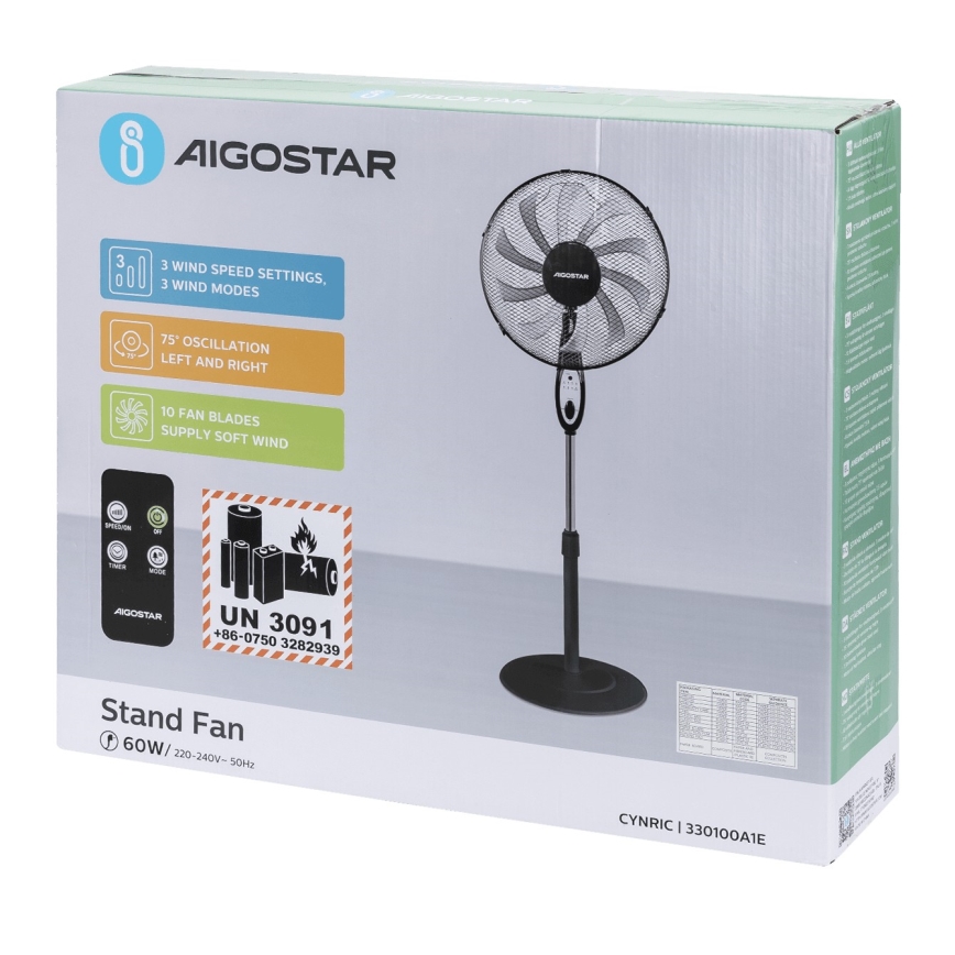 Aigostar - Stativfläkt 60W/230V svart + fjärrkontroll
