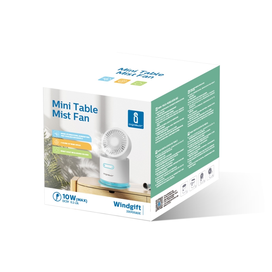 Aigostar - RGB Trådlös mini bord fläkt med luftfuktare 10W/5V vit