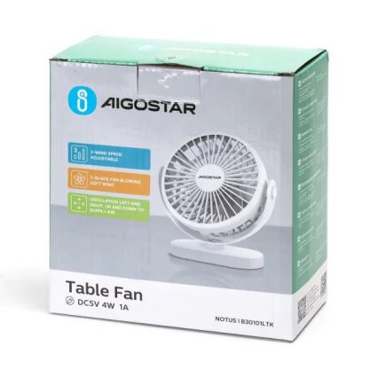 Aigostar - Uppladdningsbar bord fan 4W/5V 1500mAh vit