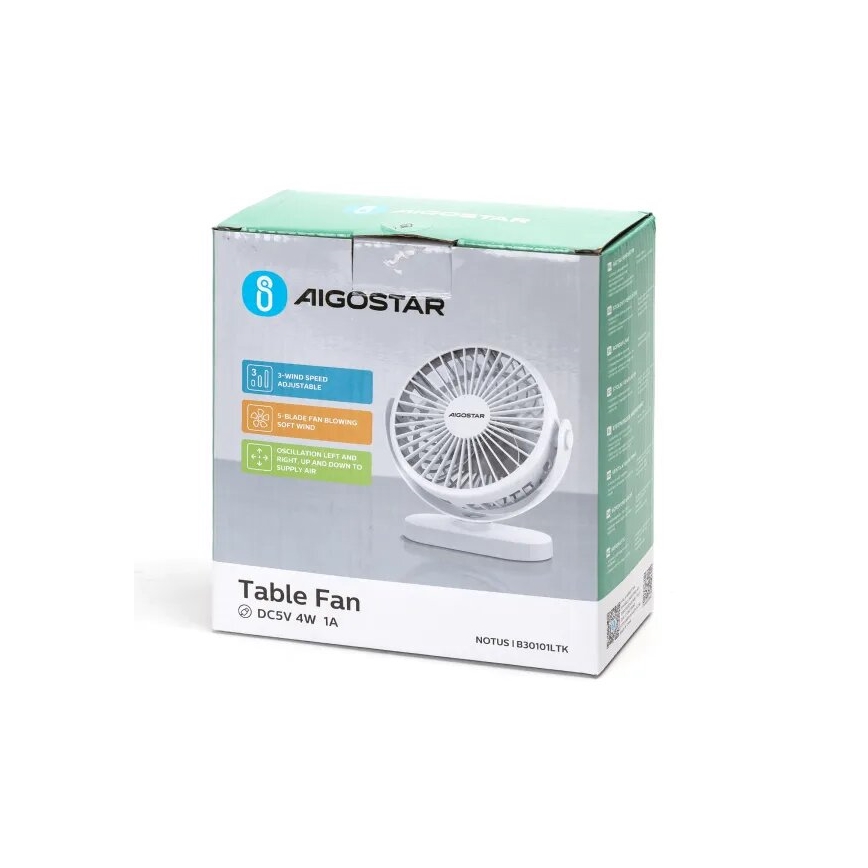 Aigostar - Uppladdningsbar bord fan 4W/5V 1500mAh vit