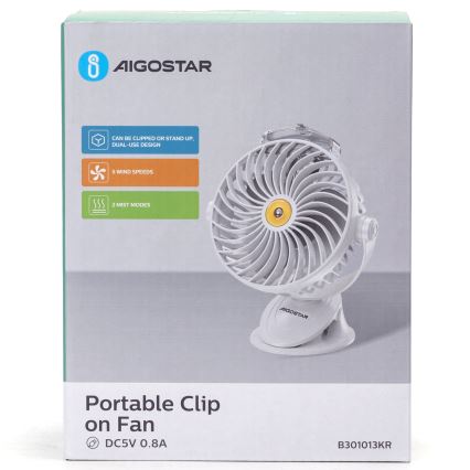 Aigostar - Uppladdningsbar bordsfläkt med klämma 2W/5V 2400mAh USB vit