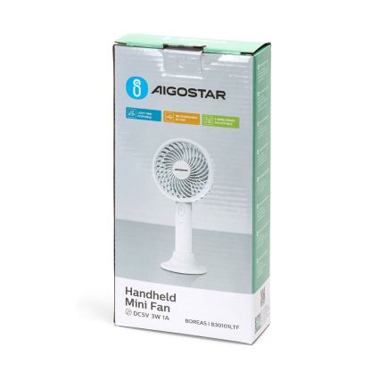 Aigostar - Uppladdningsbar fickfläkt 3W/5V 1500mAh USB vit