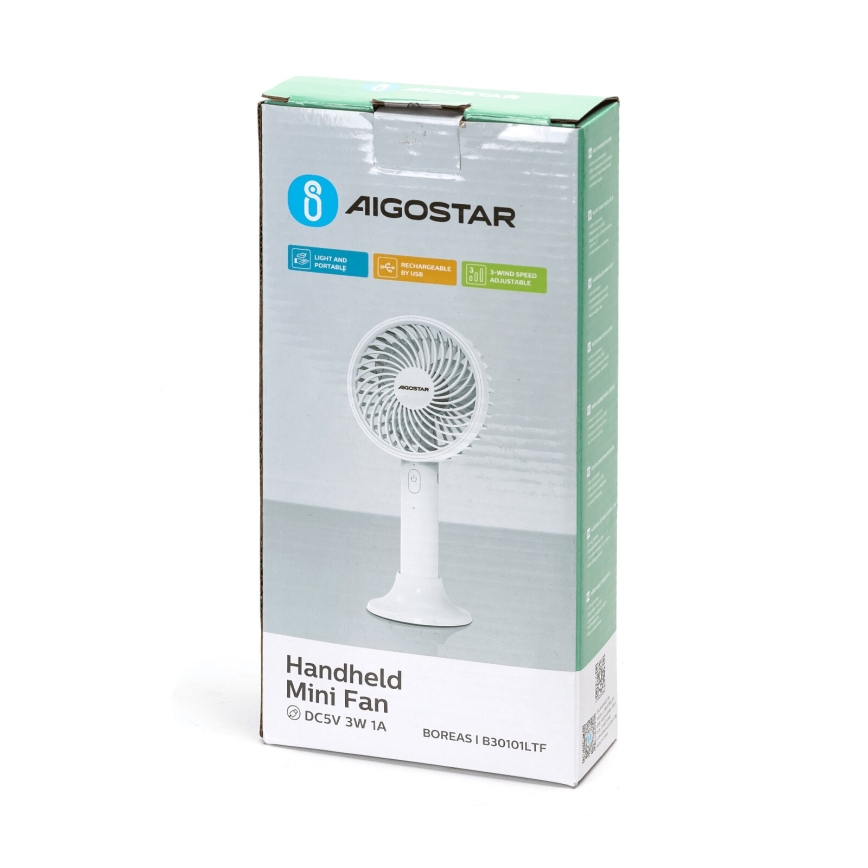 Aigostar - Uppladdningsbar fickfläkt 3W/5V 1500mAh USB vit