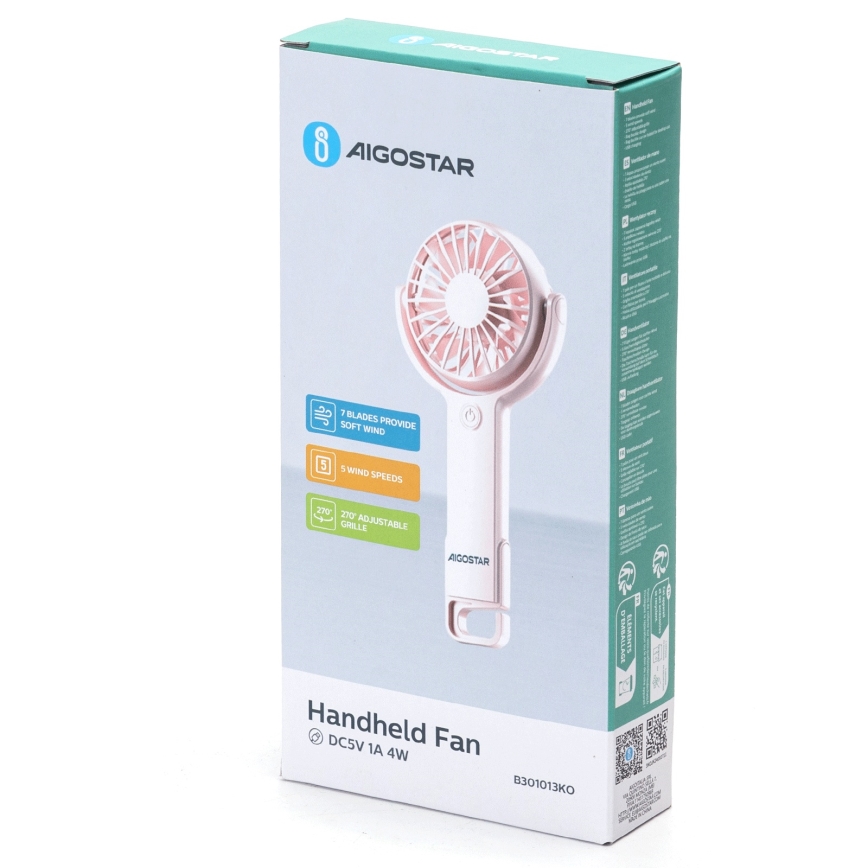 Aigostar - Uppladdningsbar fickfläkt 4,5W/3,7V 1200mAh USB rosa