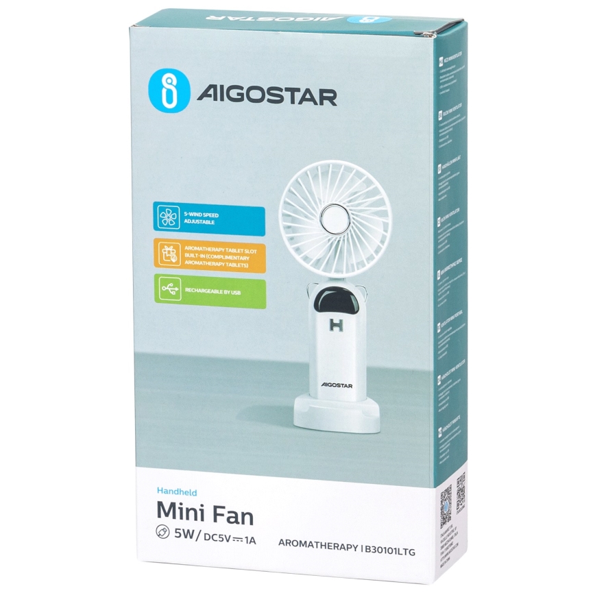 Aigostar - Uppladdningsbar handheld fan 4W/5V 1200mAh vit