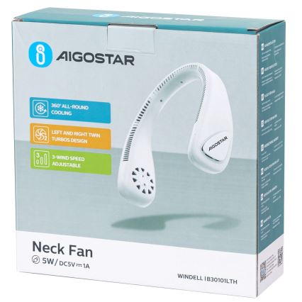 Aigostar - Uppladdningsbar nackfläkt 4W/5V 2000mAh vit