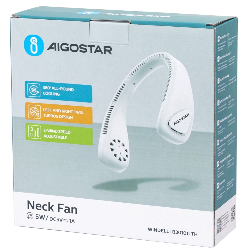 Aigostar - Uppladdningsbar nackfläkt 4W/5V 2000mAh vit