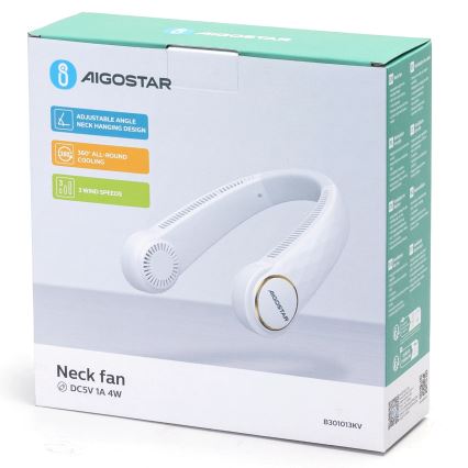 Aigostar - Uppladdningsbar nackfläkt 4W/5V 2000mAh vit