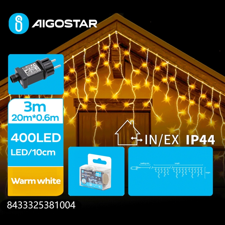 Aigostar - Utomhus LED-julslinga, 400 LED, 8 funktioner, 23×0,6 m, IP44, varmvit