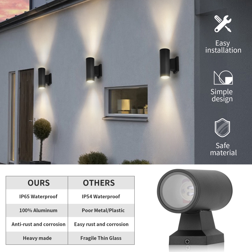 Aigostar - Vägglampa för utomhusbruk 2xGU10/230V svart IP65 rund