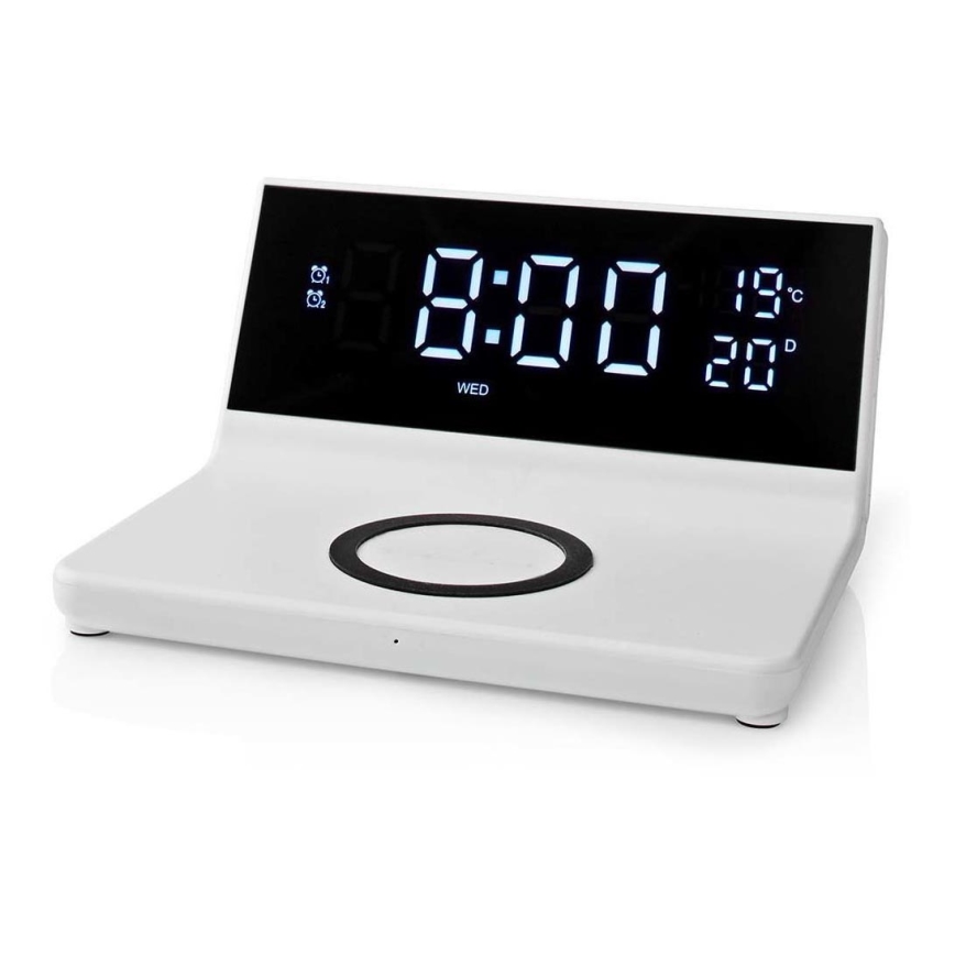 Alarm clock med LCD display and wireless charger 15W/230V vit