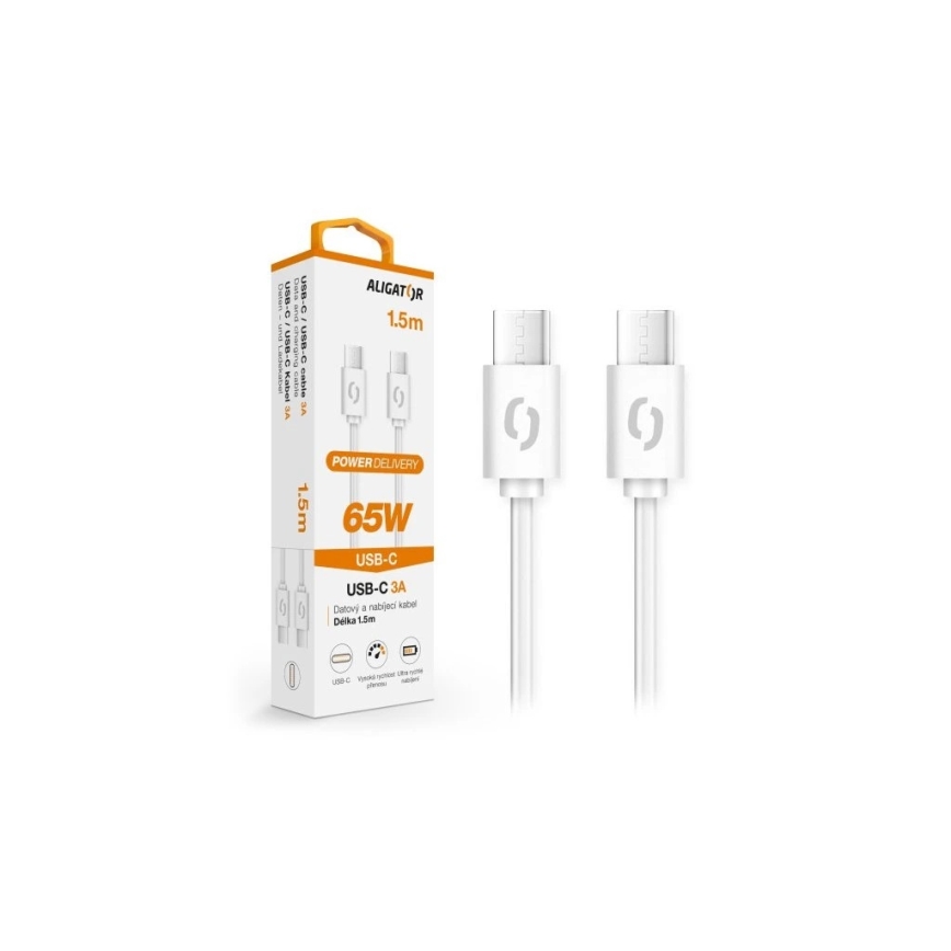 Aligator DATKP49 - USB-kabel USB-C till USB-C, 65 W Power Delivery, 1,5 m, vit