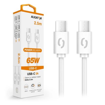 Aligator DATKP59 - USB-kabel USB-C till USB-C, 65 W Power Delivery, 2,5 m, vit