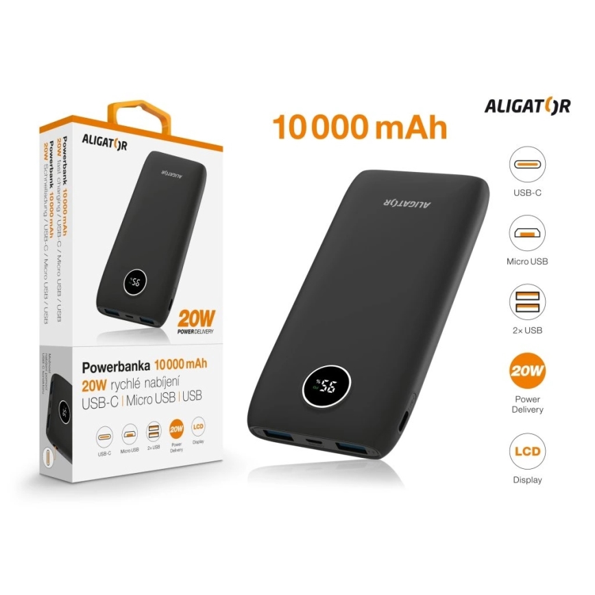 Aligator PBPD10BK - Powerbank med LCD-skärm, Power Delivery, 10000 mAh / 20 W / 3,7 V, svart