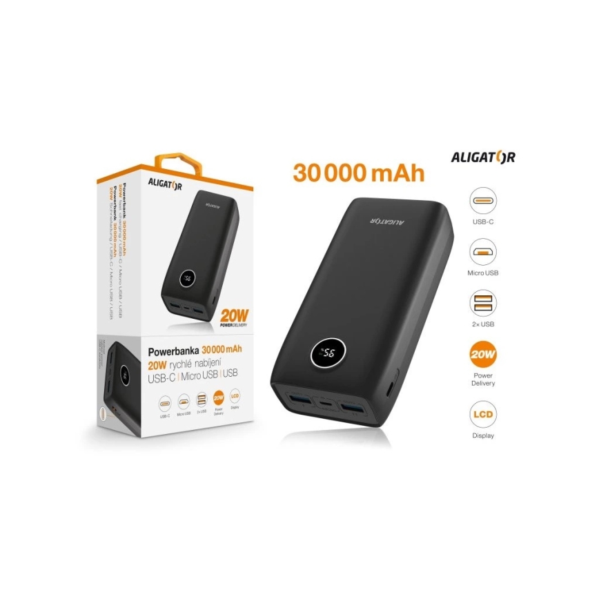 Aligator PBPD30BK - Powerbank med LCD-display Power Delivery 30000 mAh/20W/3,7V svart