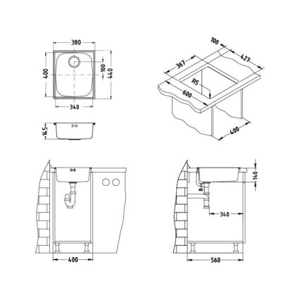 ALVEUS 1082195 - Diskho för kök BASIC 44x38 cm matt stål/satin, stort utlopp