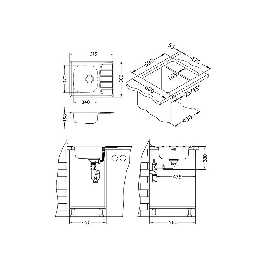 ALVEUS 1098940 - Diskho för kök ZOOM 61,5x50 cm satin, för toppmontage