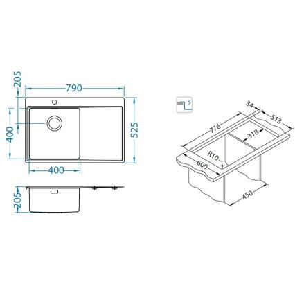 ALVEUS 1149516 - Diskho PURE 79 x 52,5 cm satinborstad, högerutförande + vattenlås med snabbavstängning