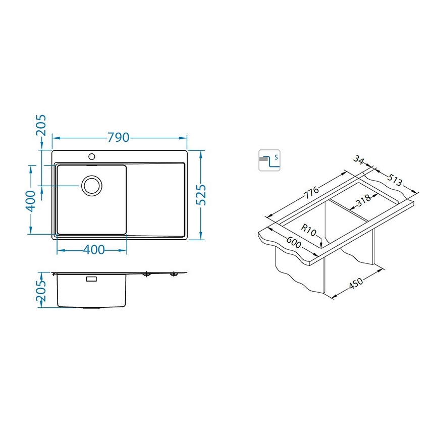 ALVEUS 1149516 - Diskho PURE 79 x 52,5 cm satinborstad, högerutförande + vattenlås med snabbavstängning
