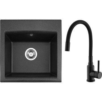 ALVEUS SETA23193 - Kökssink ATROX 50x50 cm + Kran med flexibel arm MINTAS 34 cm granit/matt svart