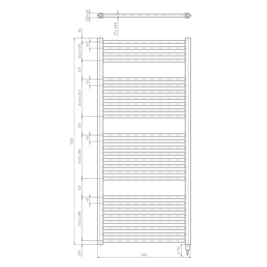 Aqualine - Elektrisk för badrum element DIRECT-E 600W/230V 132 cm matt svart rak