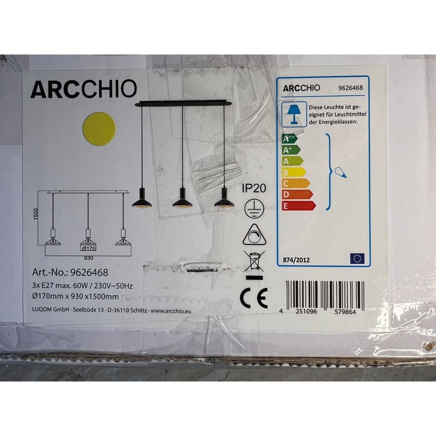 Arcchio - Ljuskrona med textilsladd JAIKA 3xE27/60W/230V