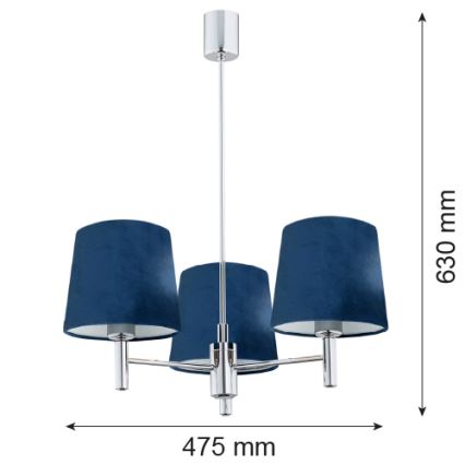 Argon 1381 - Pendelkrona BOLZANO 3xE27/15W/230V blå/skinande krom