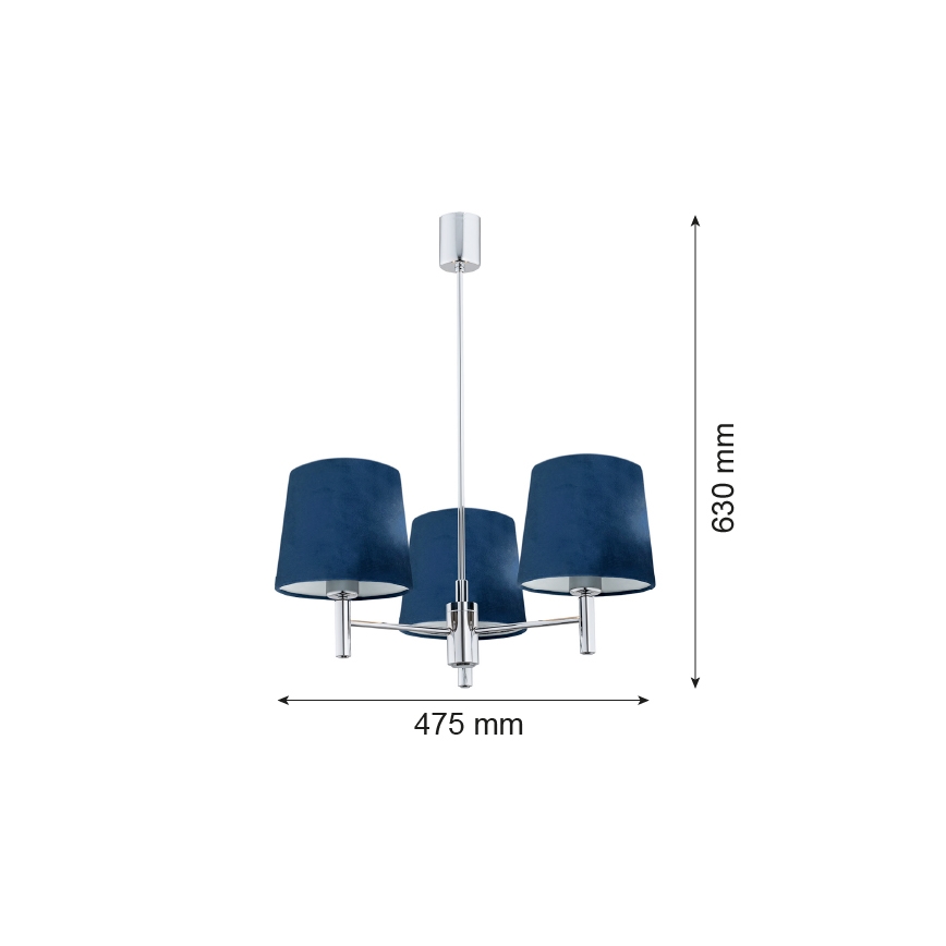 Argon 1381 - Pendelkrona BOLZANO 3xE27/15W/230V blå/skinande krom