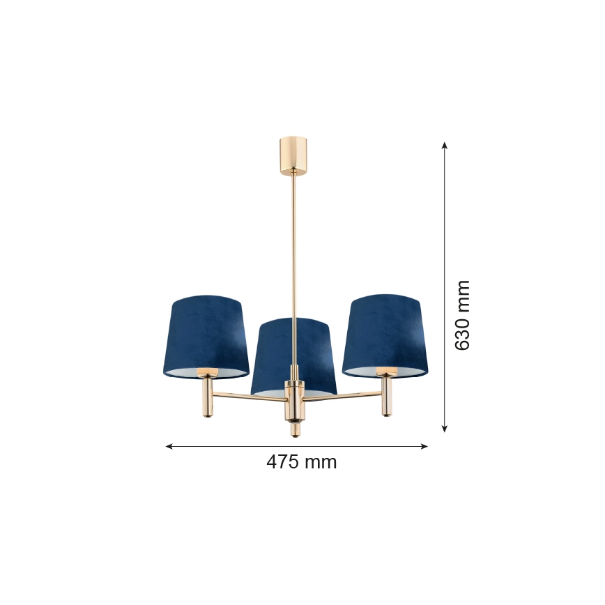 Argon 1485 - Pendelkrona PONTE 3xE27/15W/230V blå/mässing