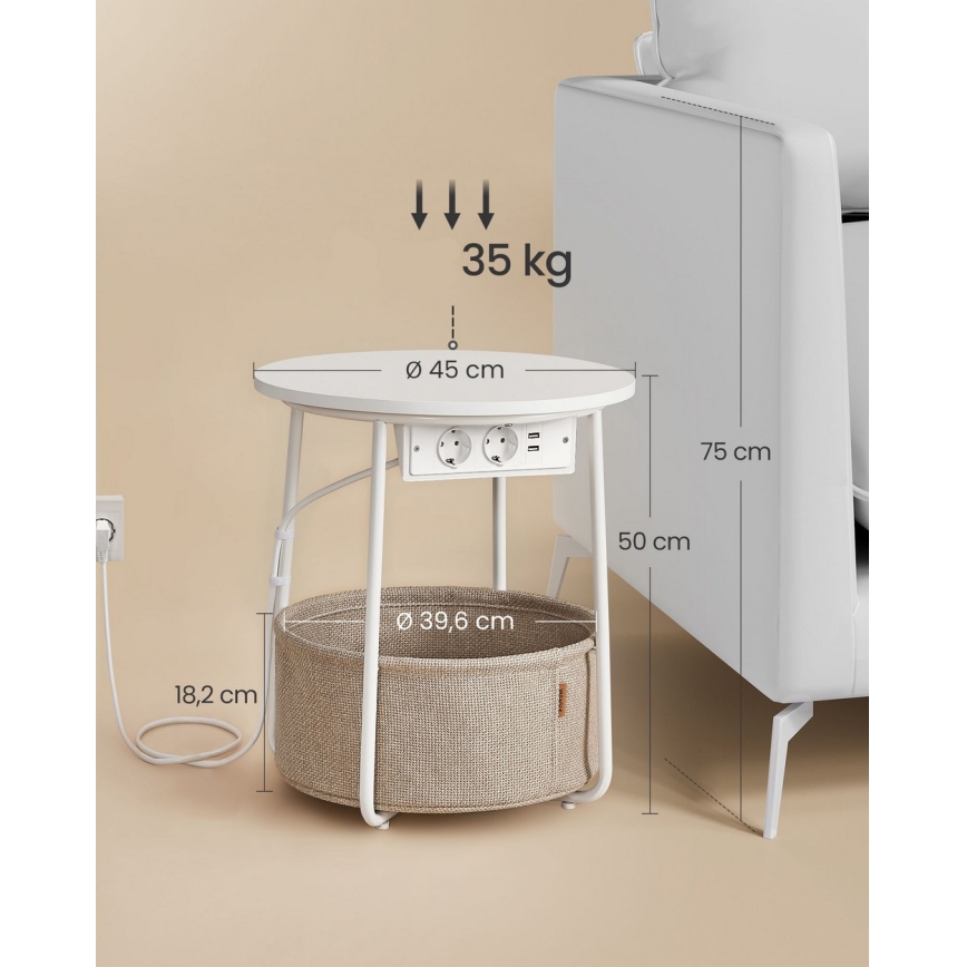 Avlastningsbord med inbyggda eluttag och USB-portar NOIRA beige/vit