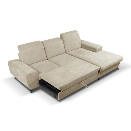 Utdragbar L-formad hörnsoffa ALTA, klädd, med förvaringsutrymme, höger, beige