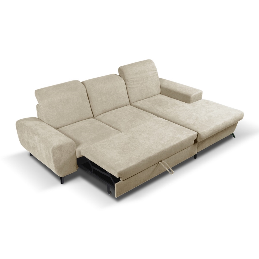 Utdragbar L-formad hörnsoffa ALTA, klädd, med förvaringsutrymme, höger, beige