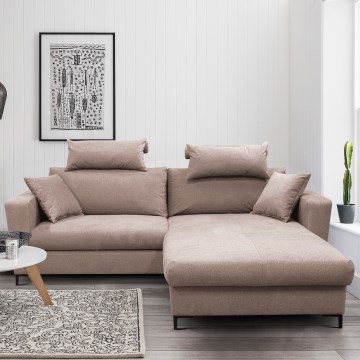 Bäddbar hörnsoffa HORTA i L‑form, högerutförande, rosa, med förvaringsutrymme